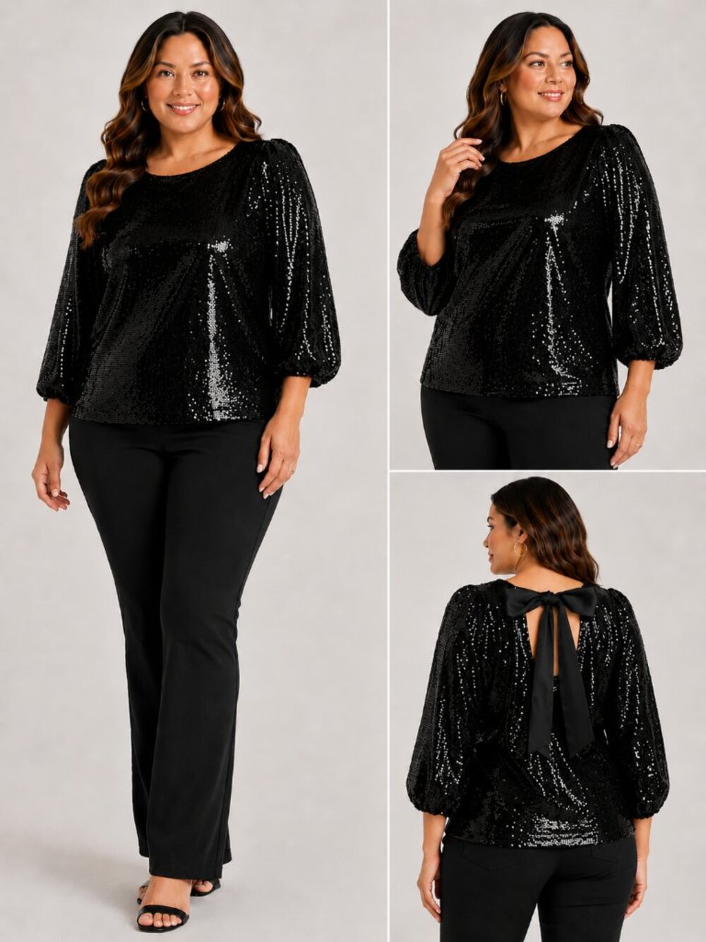 Crown & Ivy Black Sequin Tie Back Puff Sleeve Top XL Holiday Party NWT